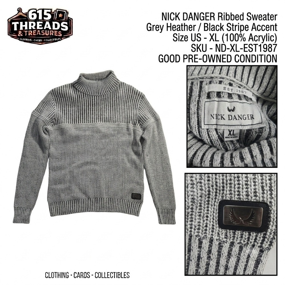 Nick Danger Mens Sweater XL Heather Grey Black Stripe Ribbed Mock Neck Knit